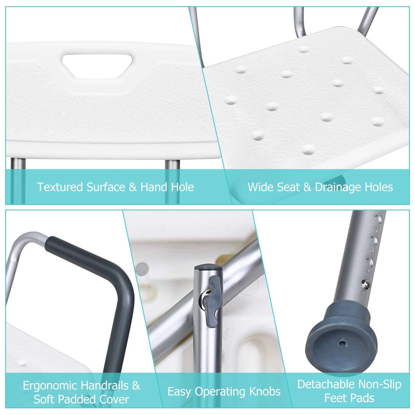 6 Levels Adjustable Tub Shower Stools with Detachable Backrest and Handrails