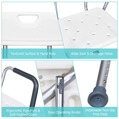 6 Levels Adjustable Tub Shower Stools with Detachable Backrest and Handrails