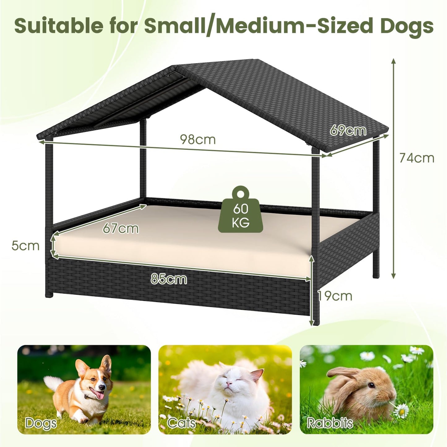 Wicker Dog Bed, Raised Rattan Dogs House with Canopy, Removable Cushion
