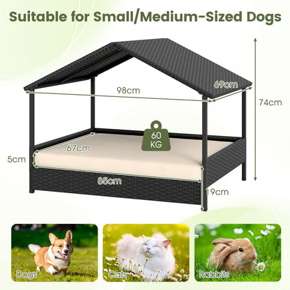 Wicker Dog Bed, Raised Rattan Dogs House with Canopy, Removable Cushion