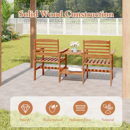2-Seater Wooden Bench Seat with 2 Tier Coffee Table and Umbrella Hole
