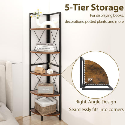 160 CM 5 tier Corner Bookshelf with Metal Frame X-shaped Brackets