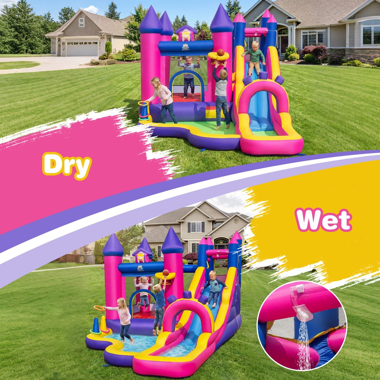 Inflatable Water Slide, Princess Themed Water Park with Long Slide, Jumping Area, Climbing Wall, Splash Pool, Basketball Hoop