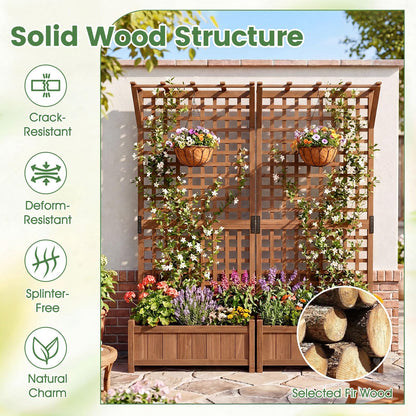 Raised Garden Bed with Trellis, Wooden Trough Planter, Outdoor Garden Weather-Resistant Plant Rack for Vines