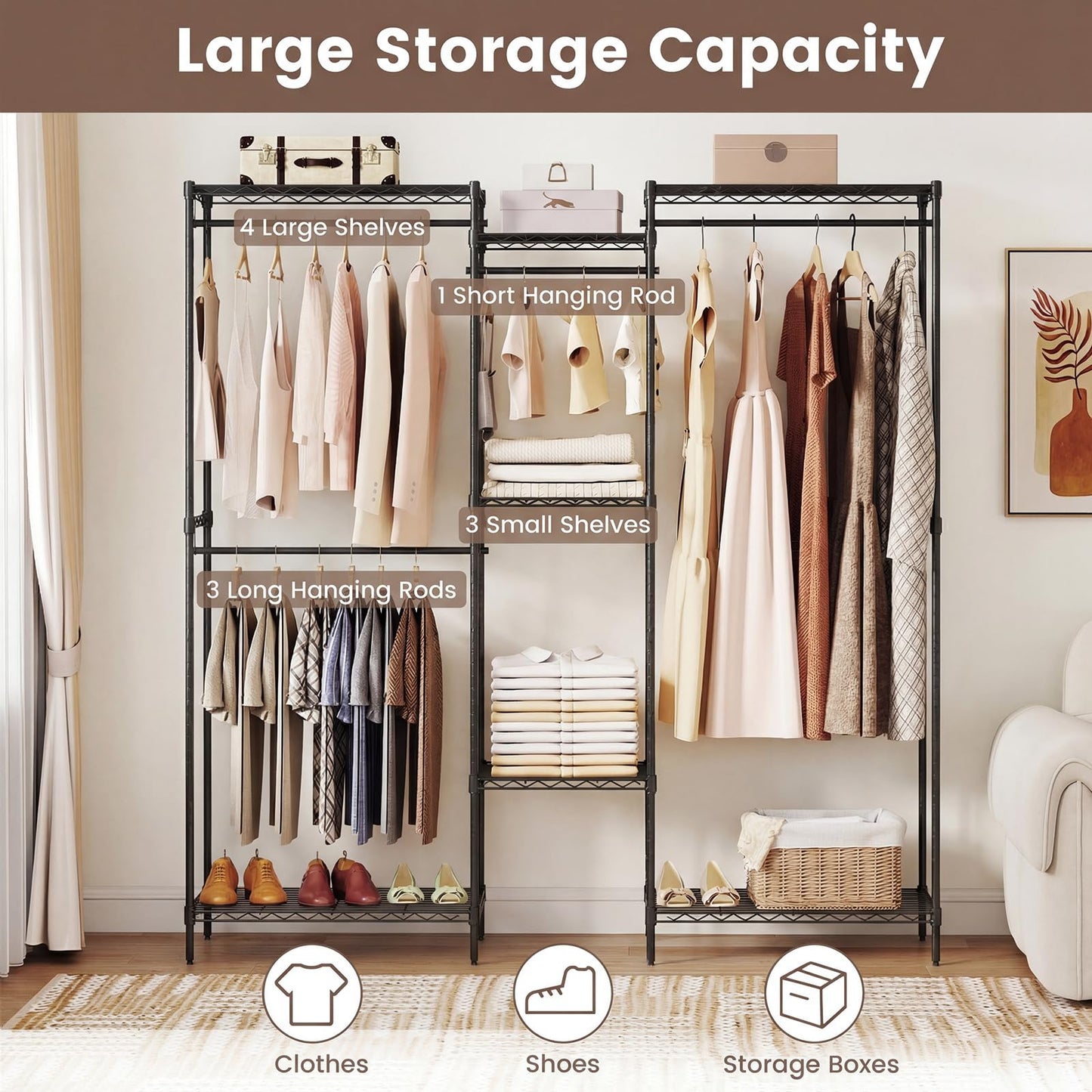 Portable Wardrobe Convertible Clothes Organizer with L-shape and Horizontal Installation