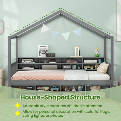 Wooden Single Size House Bed with Roof and 14 Storage Cubes