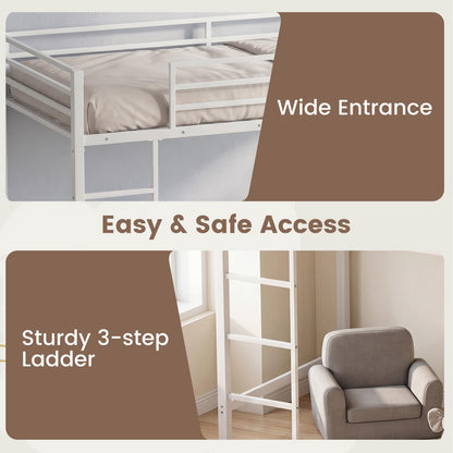 Kids Loft Bed, Metal Single Size Low Loft Bed with Under-Bed Space