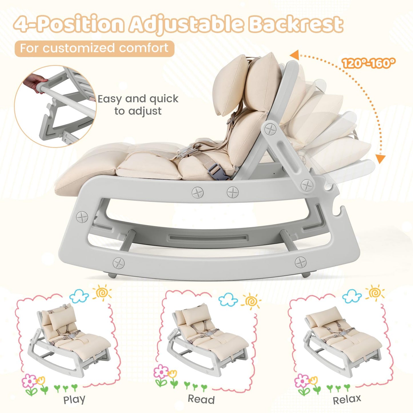 Kids Rocking Chair, Indoor Outdoor Toddlers Rocker with Adjustable Backrest