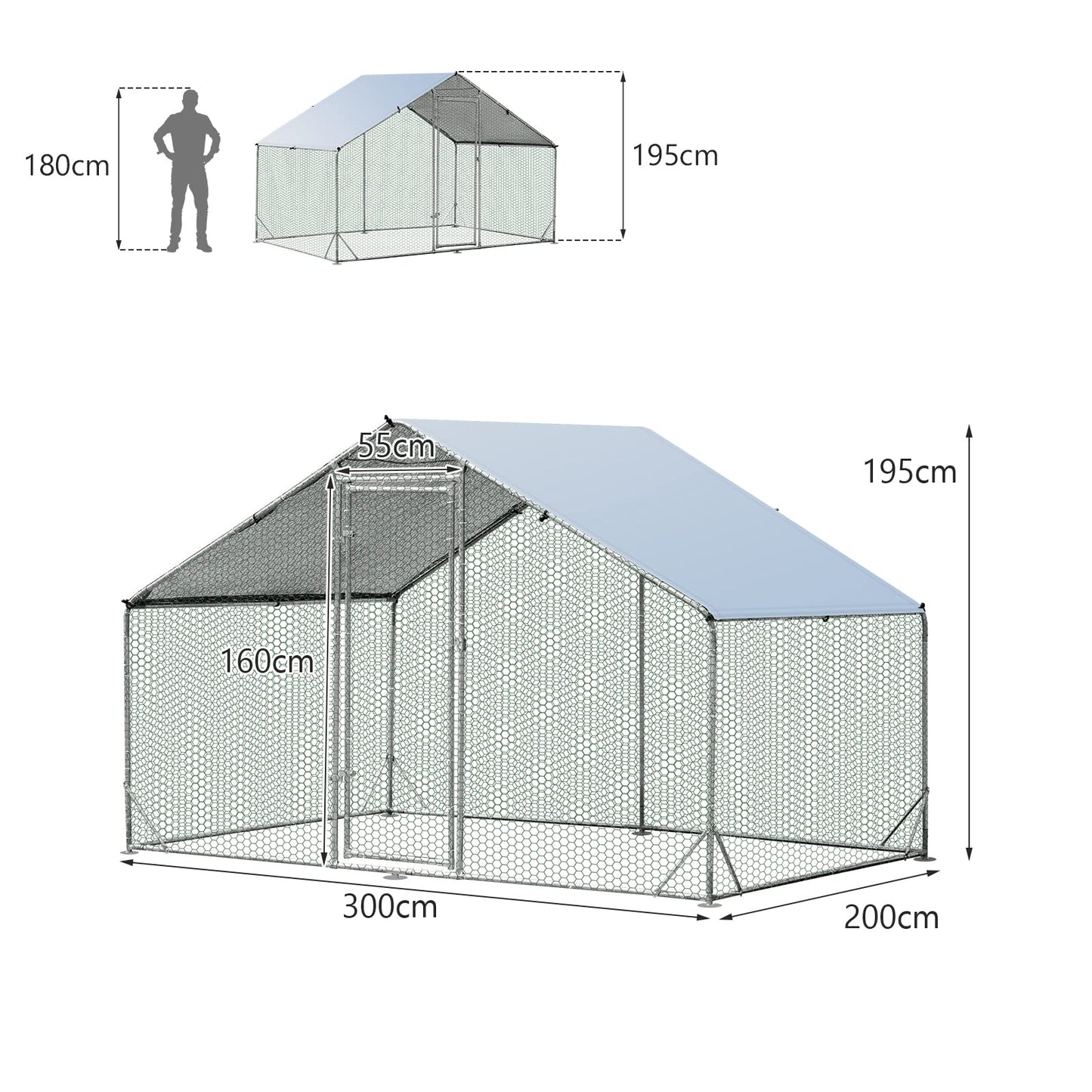 Galvanized Metal Walk-in Large Chicken Run Coop with Waterproof & Sun-protective Cover