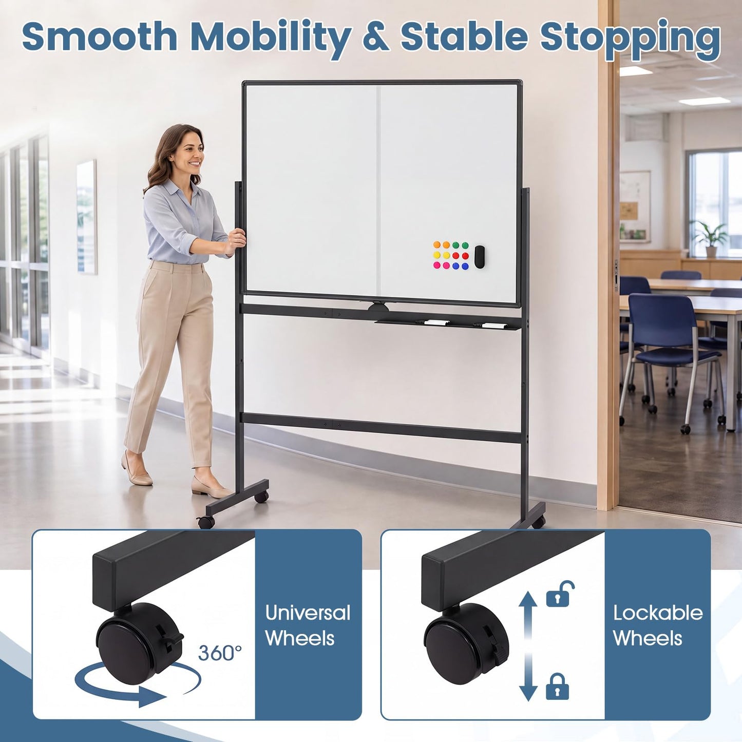 Double Sided Magnetic Whiteboard, Mobile Reversible Dry Erase Board