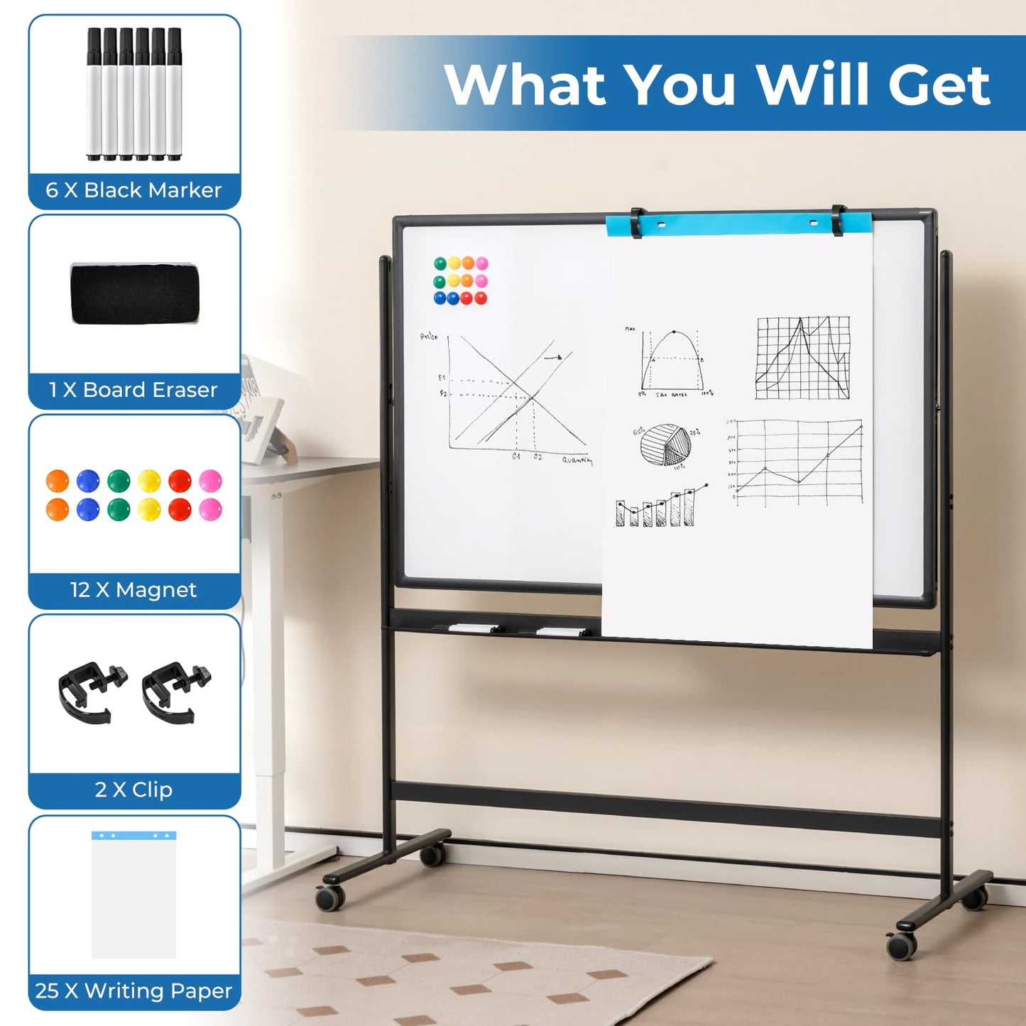 Reversible Mobile White Board with Adjustable Height