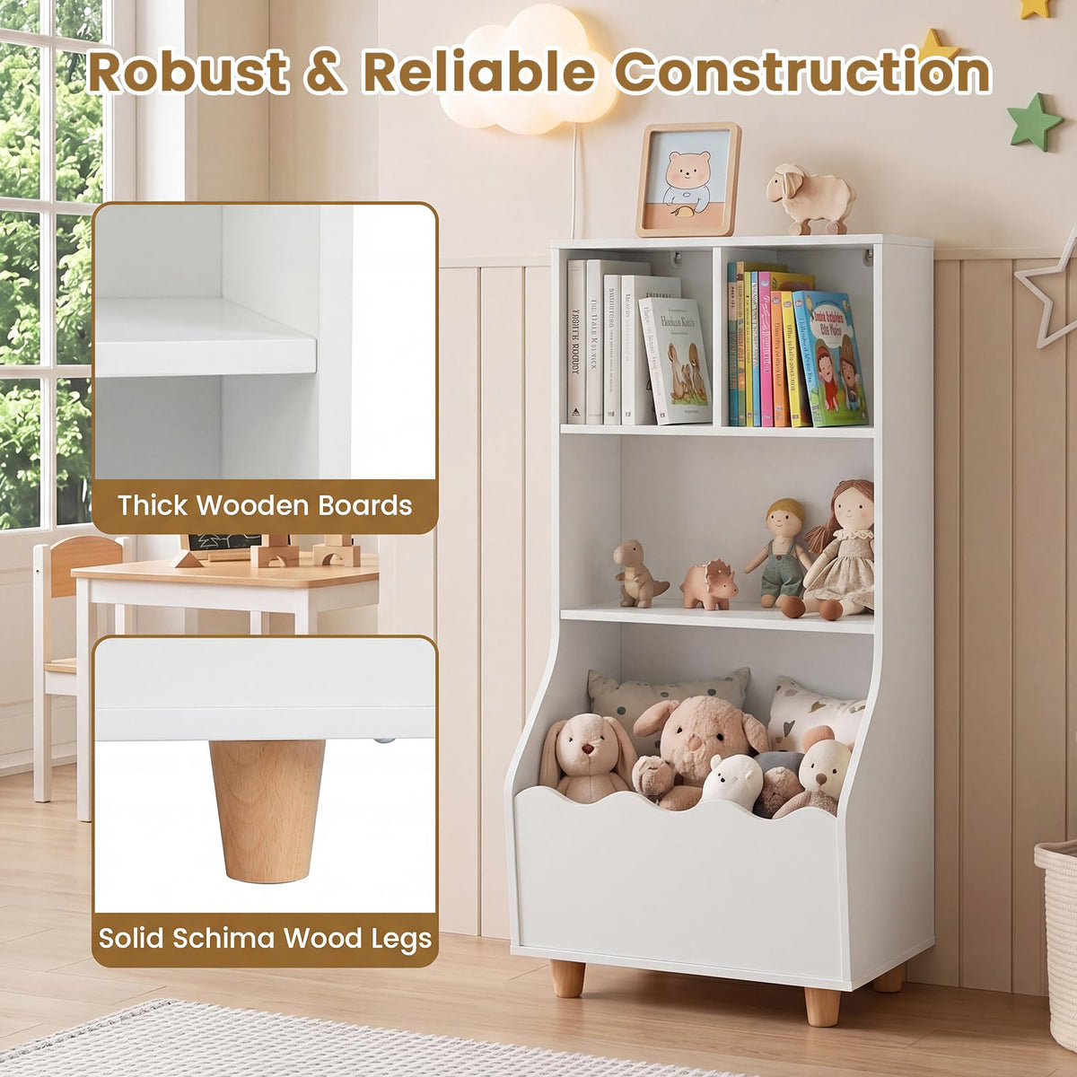 3-Tier Wooden Bookshelf with 2 Anti-Toppling Devices Top Surface and 3 Compartments