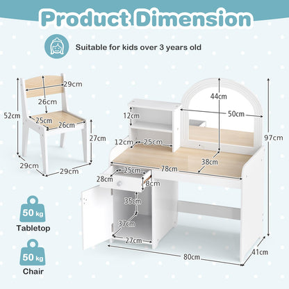Kids Vanity Table and Stool Set with 2-Color LED Lights Mirror