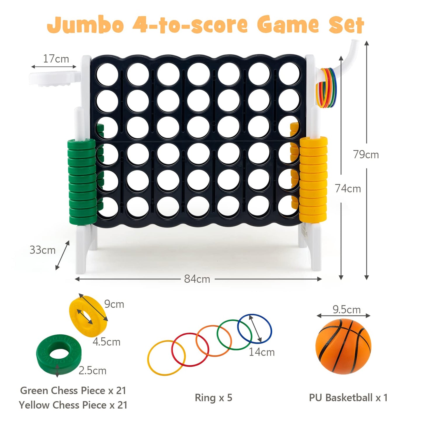3 in 1 Giant Connect 4 Game Set with Basketball Hoop and Ring Toss