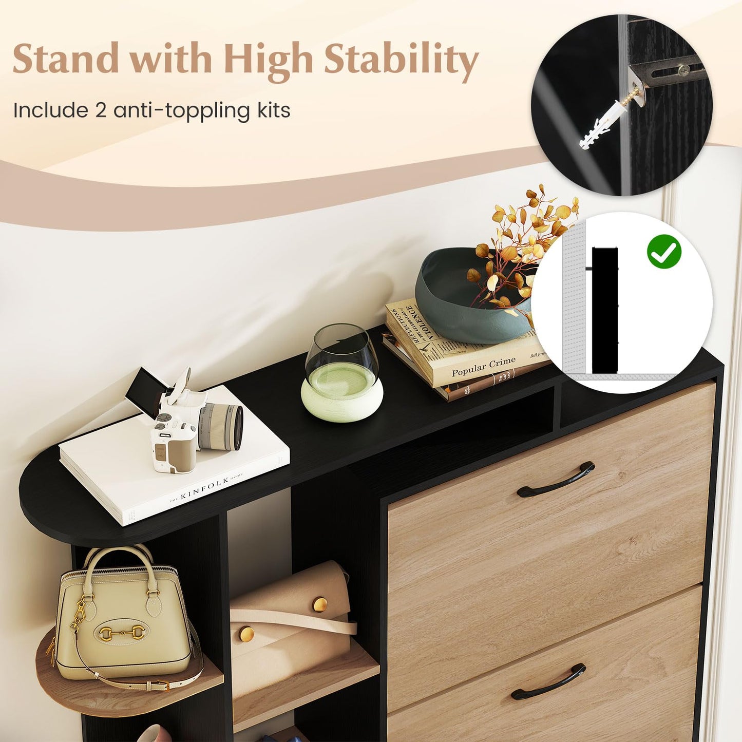 Slim Shoe Cabinet with 3 Flip Drawers, Open Shelves