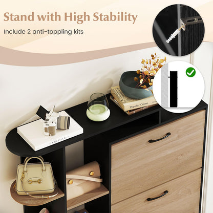 Slim Shoe Cabinet with 3 Flip Drawers, Open Shelves