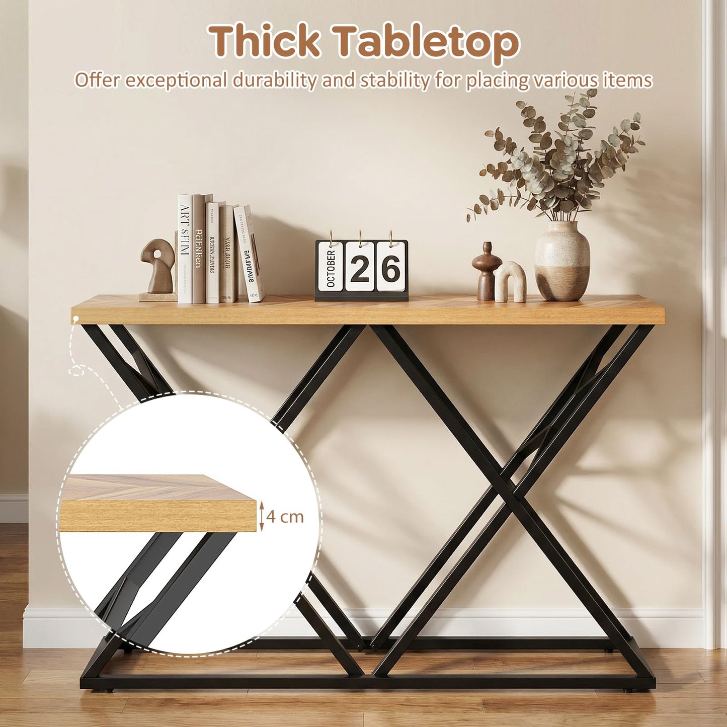 140CM Farmhouse Entryway Table with Geometric Metal Base