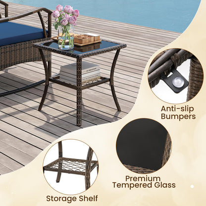 3 PCS PE Rattan Garden Rocking Bistro Set with Tempered Glass Coffee Table