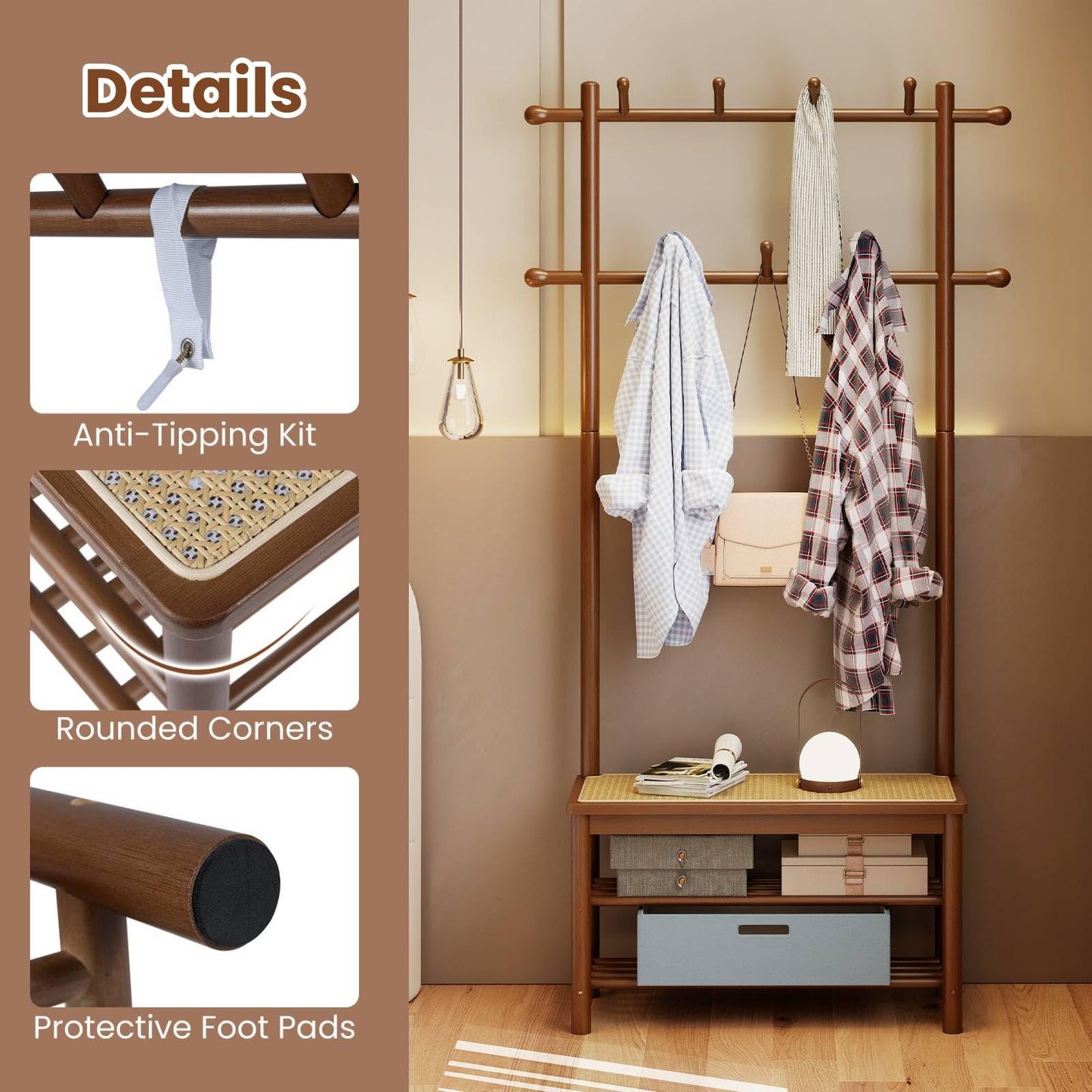 Bamboo Coat Rack PE Rattan Hall Tree with Bench and Shoe Storage