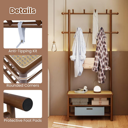 Bamboo Coat Rack PE Rattan Hall Tree with Bench and Shoe Storage
