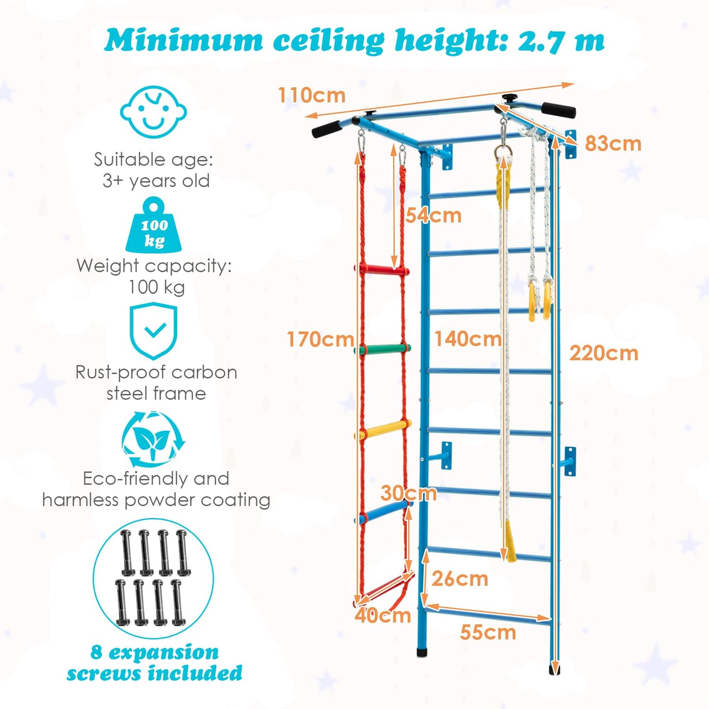 Swedish Ladder Set with Climbing Frame Pull-up Bar Ropes and Rings