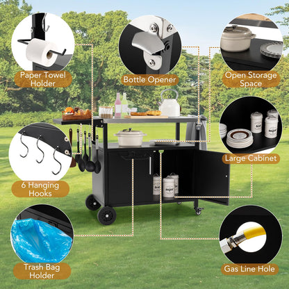 84cm Garden Serving Trolley with Folding Stainless Steel Top