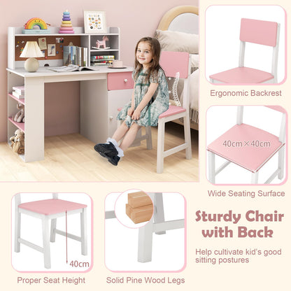 Kids Desk and Chair Set with 3-Tier Shelf and Drawer