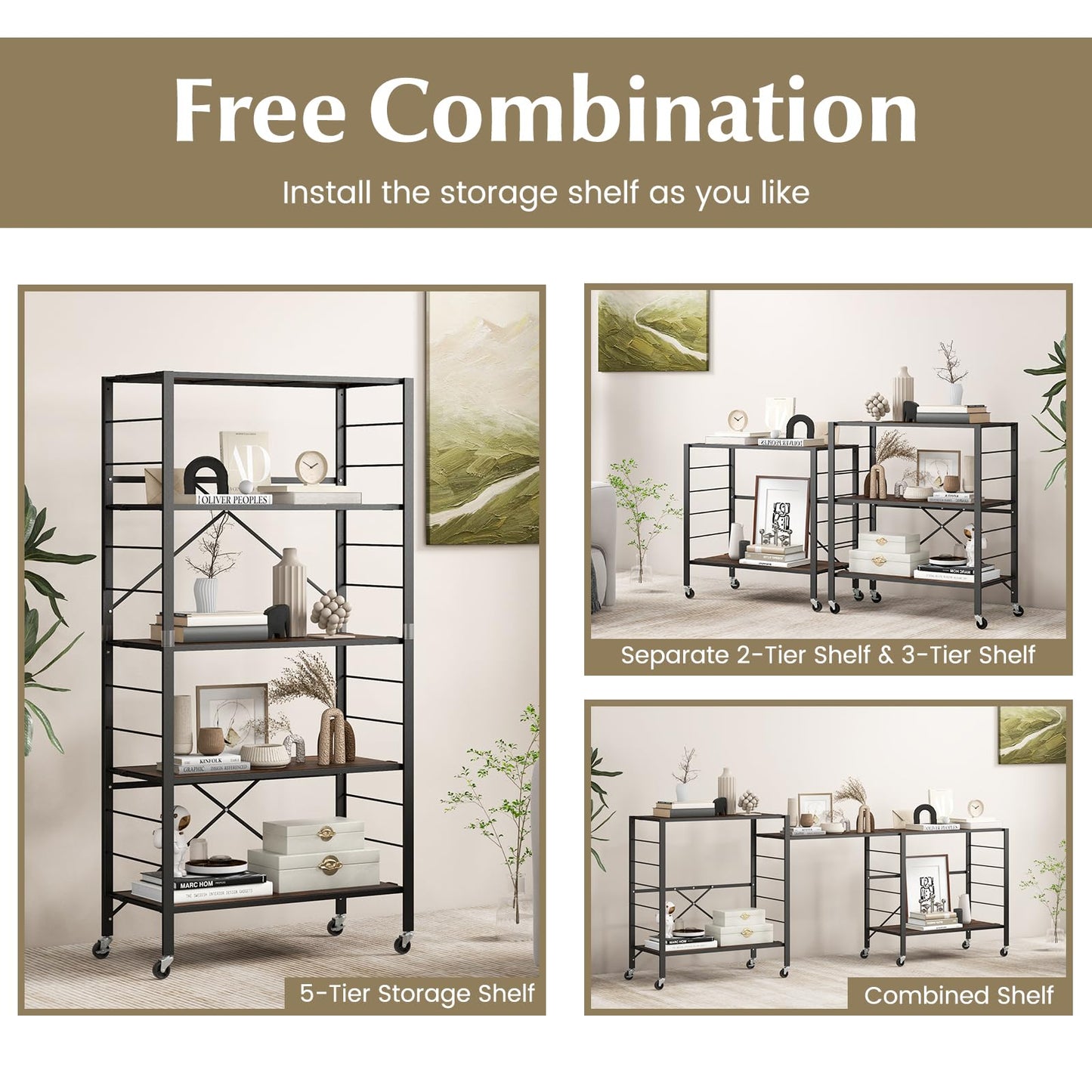 GiantexUK 3/4/5-Tier Storage Cart, Foldable Metal Frame Shelving Unit with Wheels, Adjustable Shelves & Anti-Tipping Device