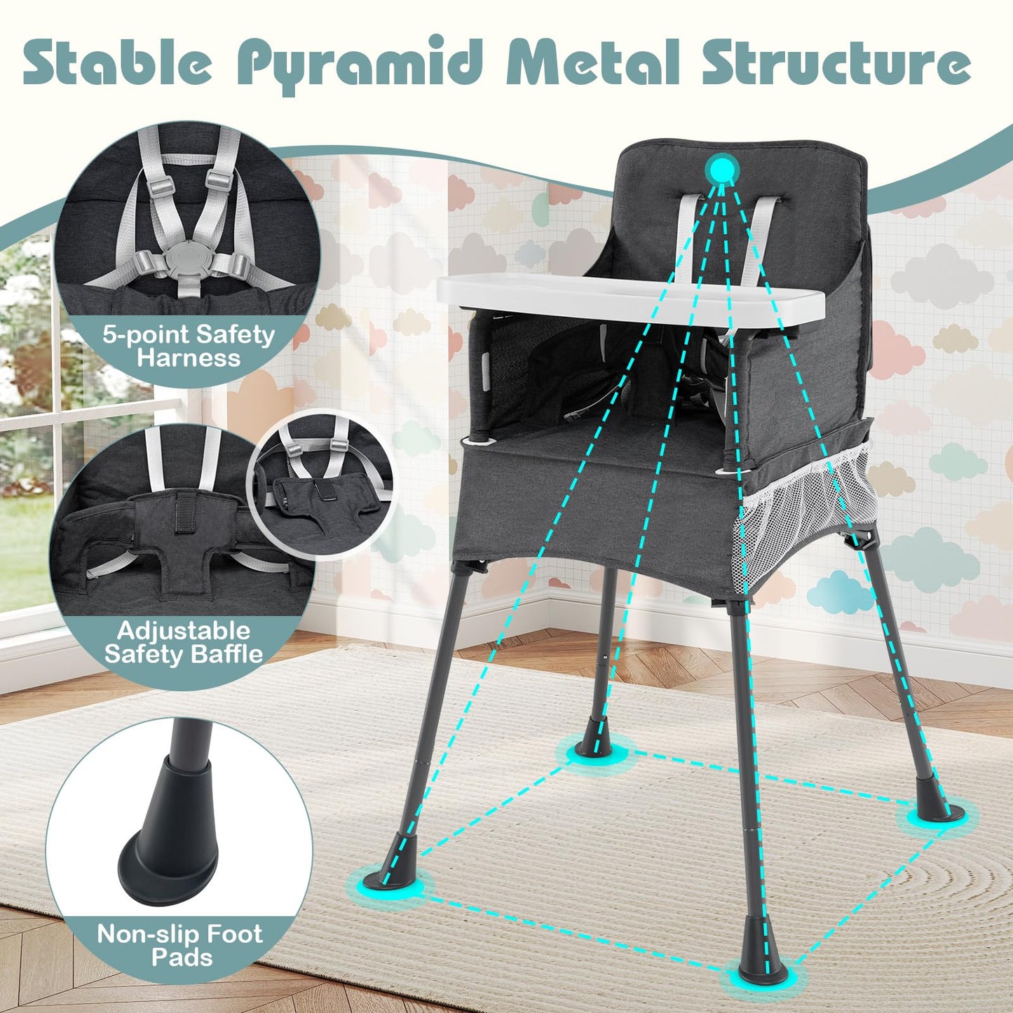 Foldable High Chair for Babies and Toddlers | Baby Highchair with 2-Level Adjustable Tray