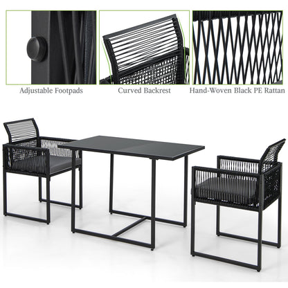 3 Pieces PE Rattan Outdoor Bistro Set with Cushions & Folding Backrests