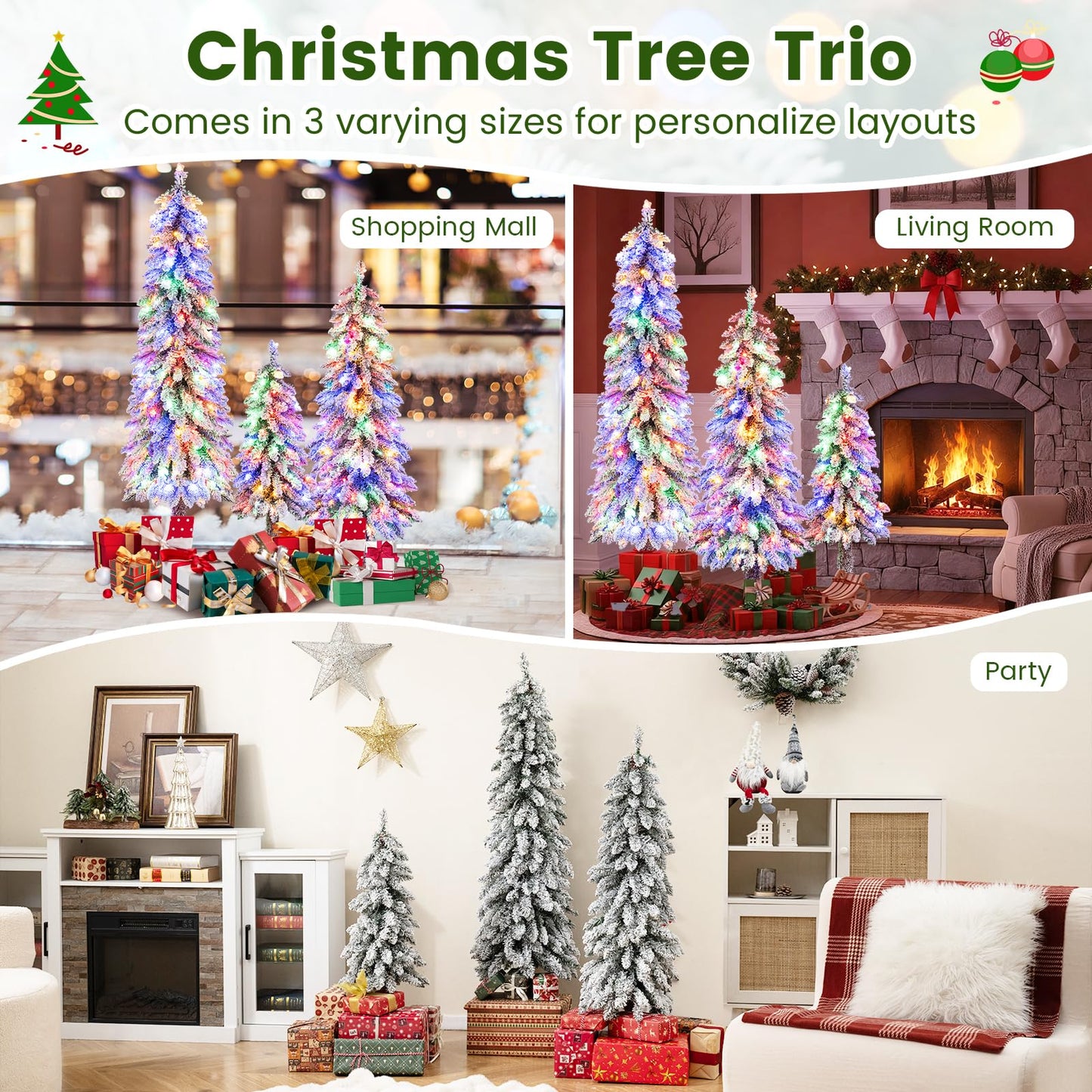 3’ 4’ 5’ Artificial Christmas Tree Set with 115 + 207 + 275 Branch Tips and 50 + 100 + 150 Colorful LED Lights