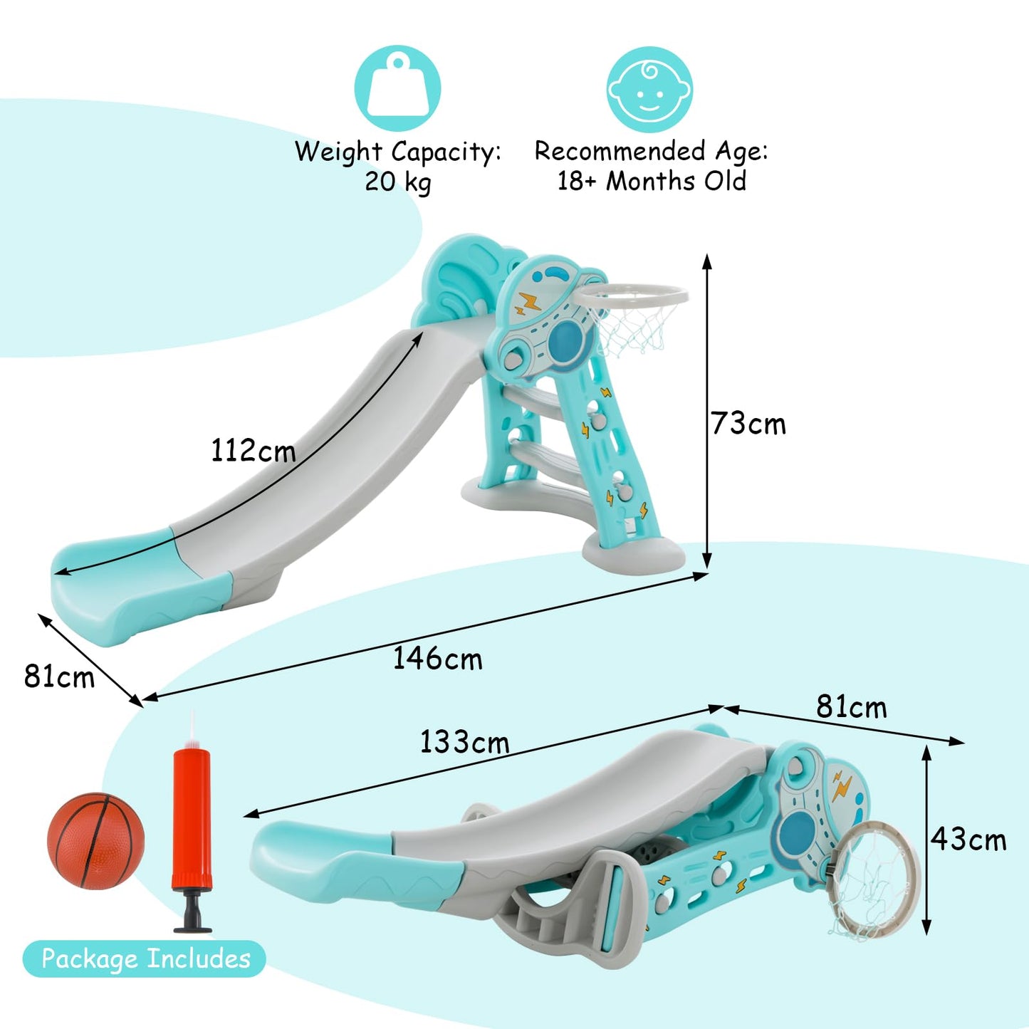 3-in-1 Indoor Slide with Basketball Hoop & Small Basketball for Kids