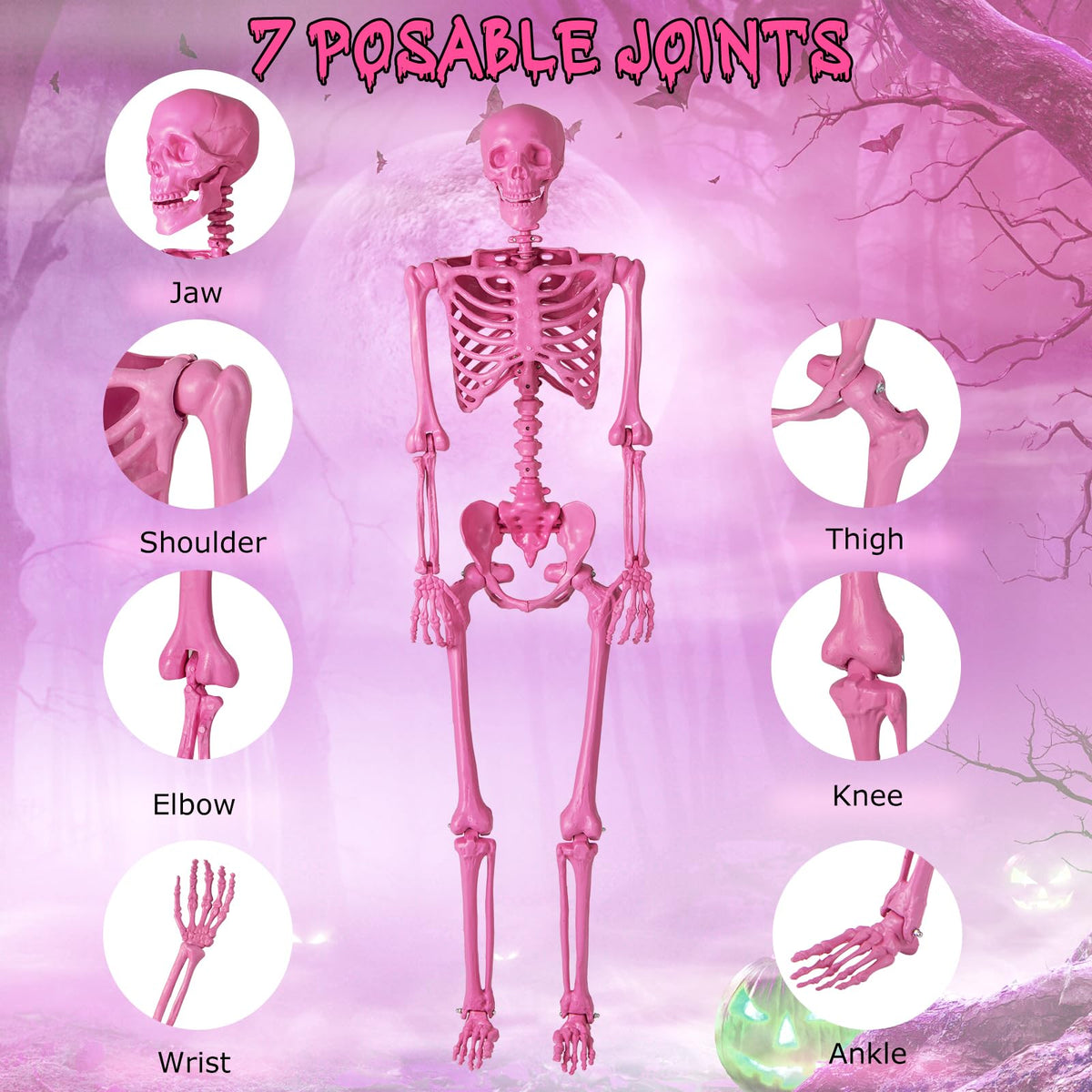 63 inch Halloween Pink Skeleton Decoration with 8 Moving Joints
