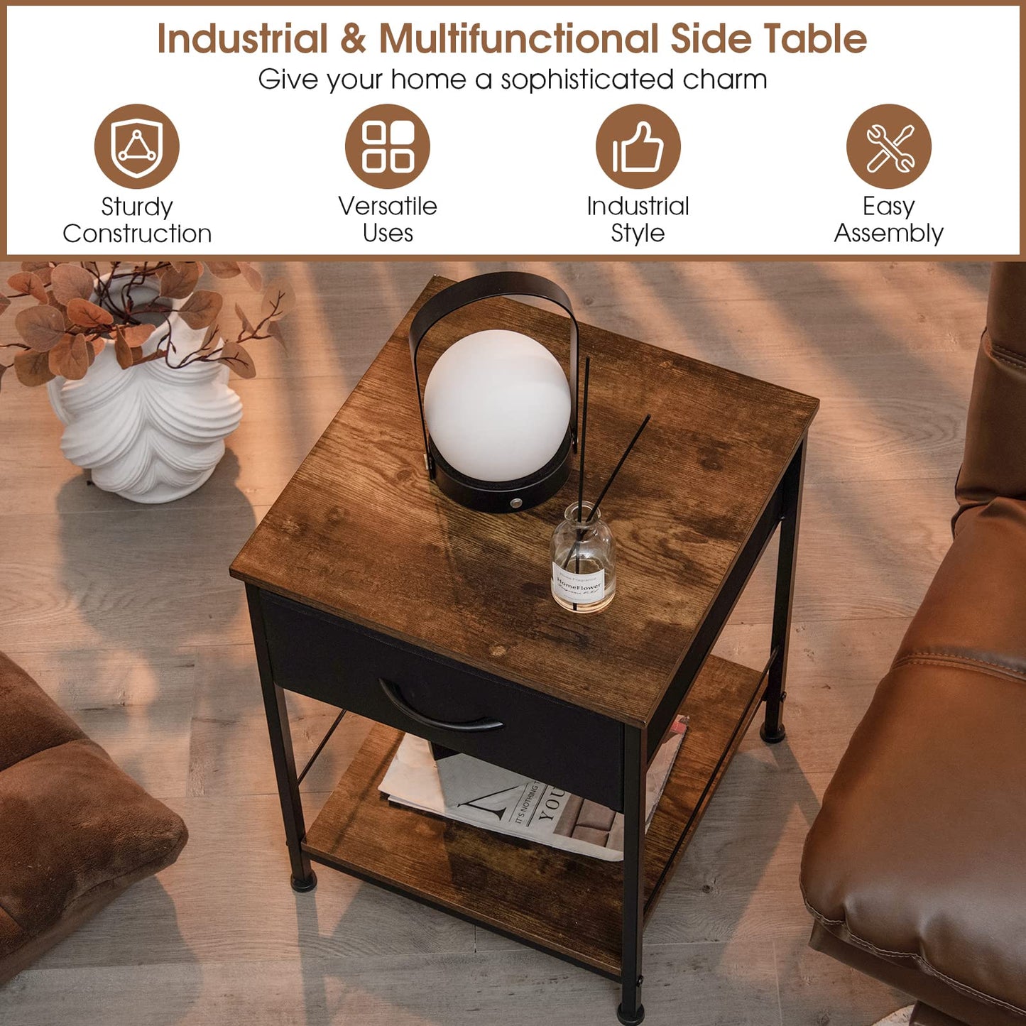 2-Tier Nightstand Bedside End Sofa Table with Drawer