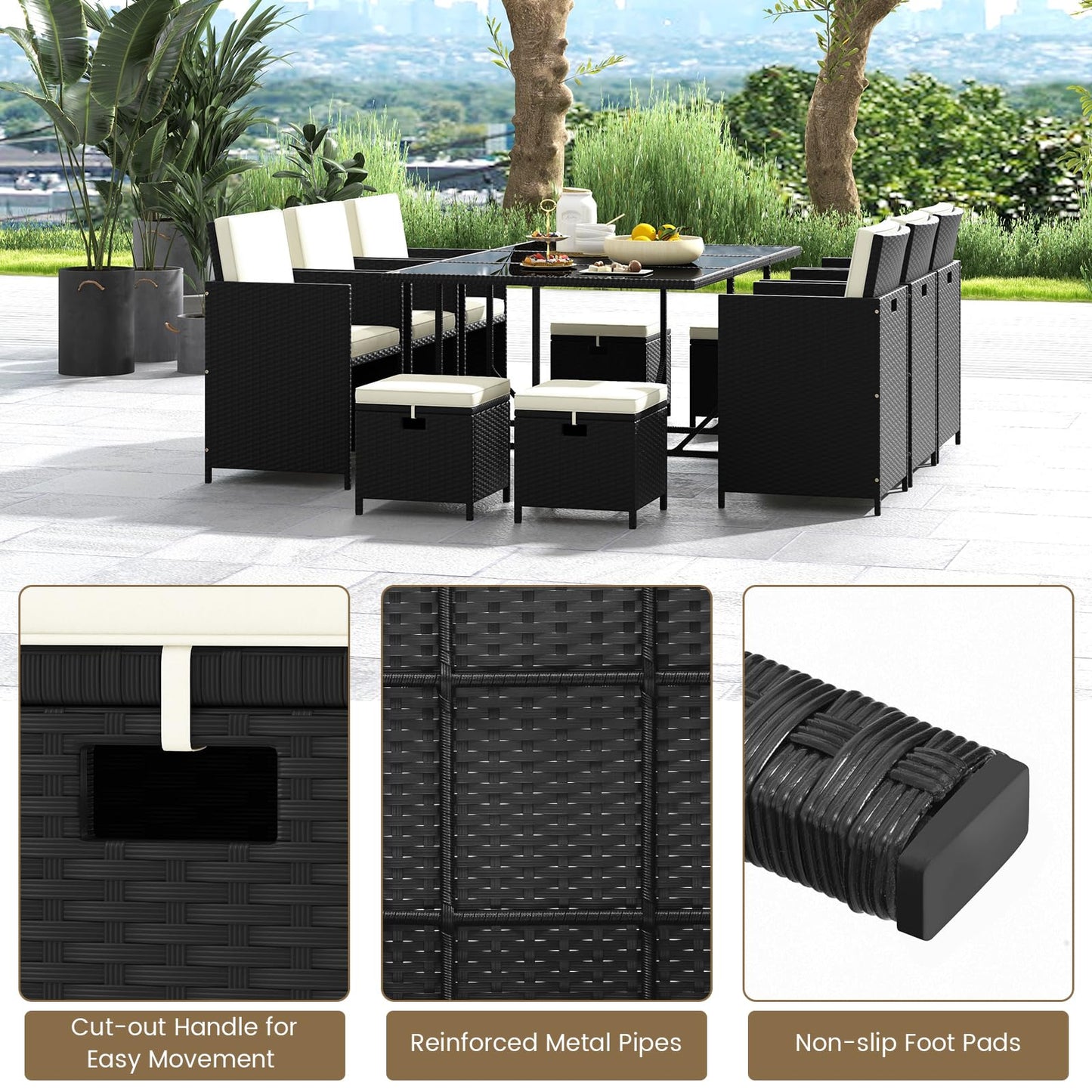 11 Pieces Patio Dining Set with Ottomans for Garden Yard Poolside