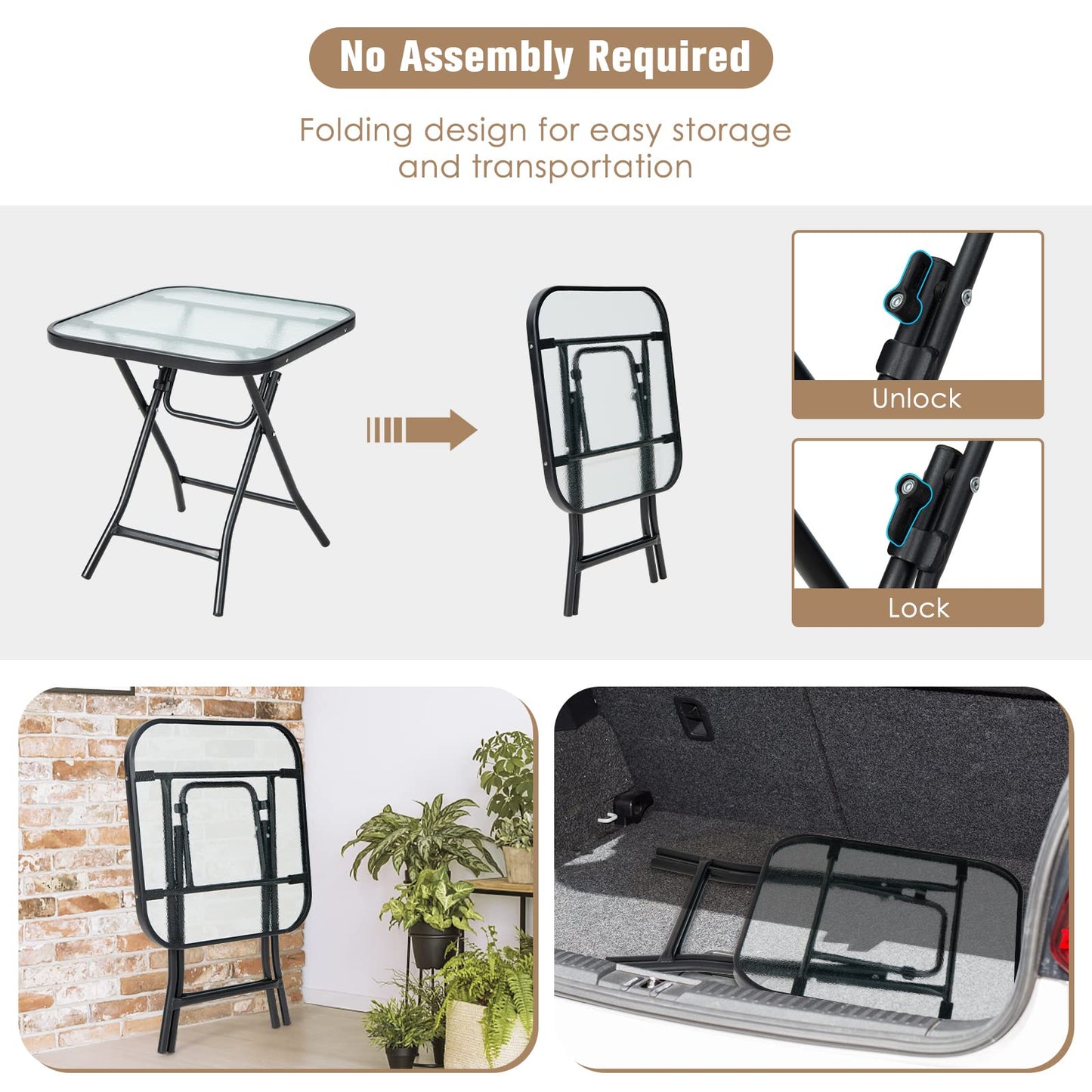 46cm Folding Garden Tempered Glass Top Square Side Table
