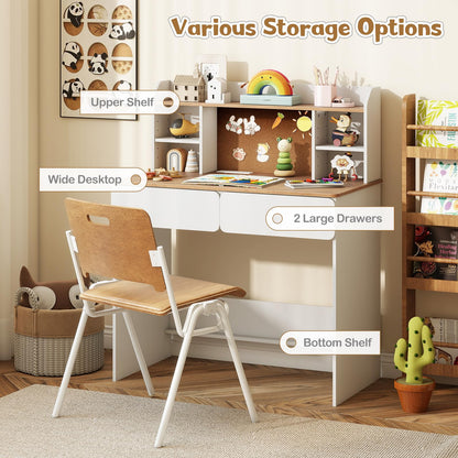 Kids Study Desk Student Writing Table with Cork Bulletin Board