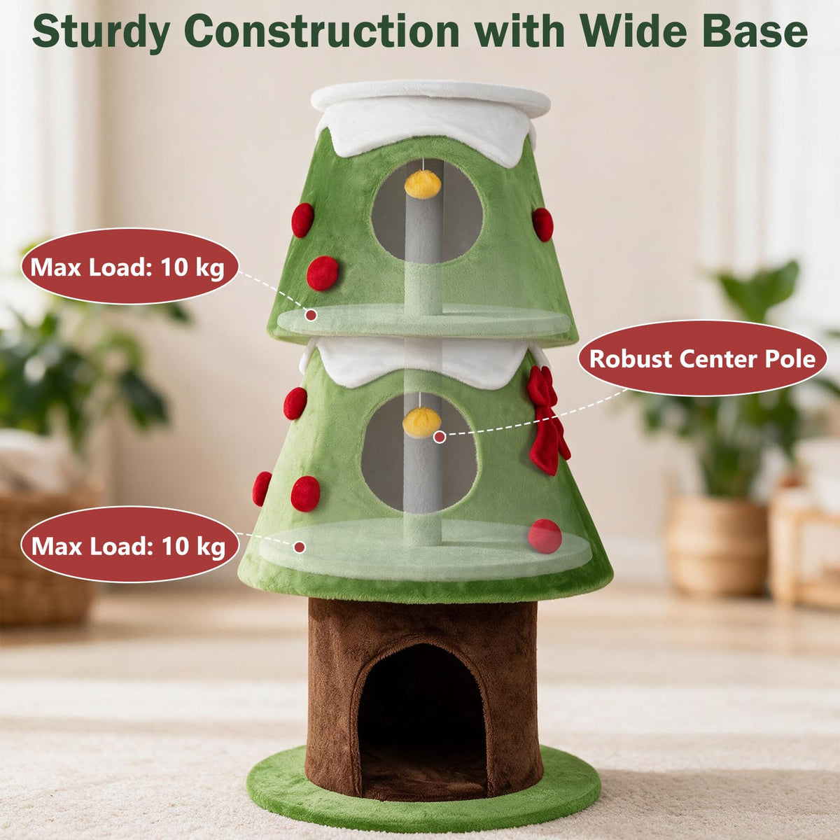 157.5 cm Christmas Cat Tree with 3 Cozy Condos and 2 Hanging Balls