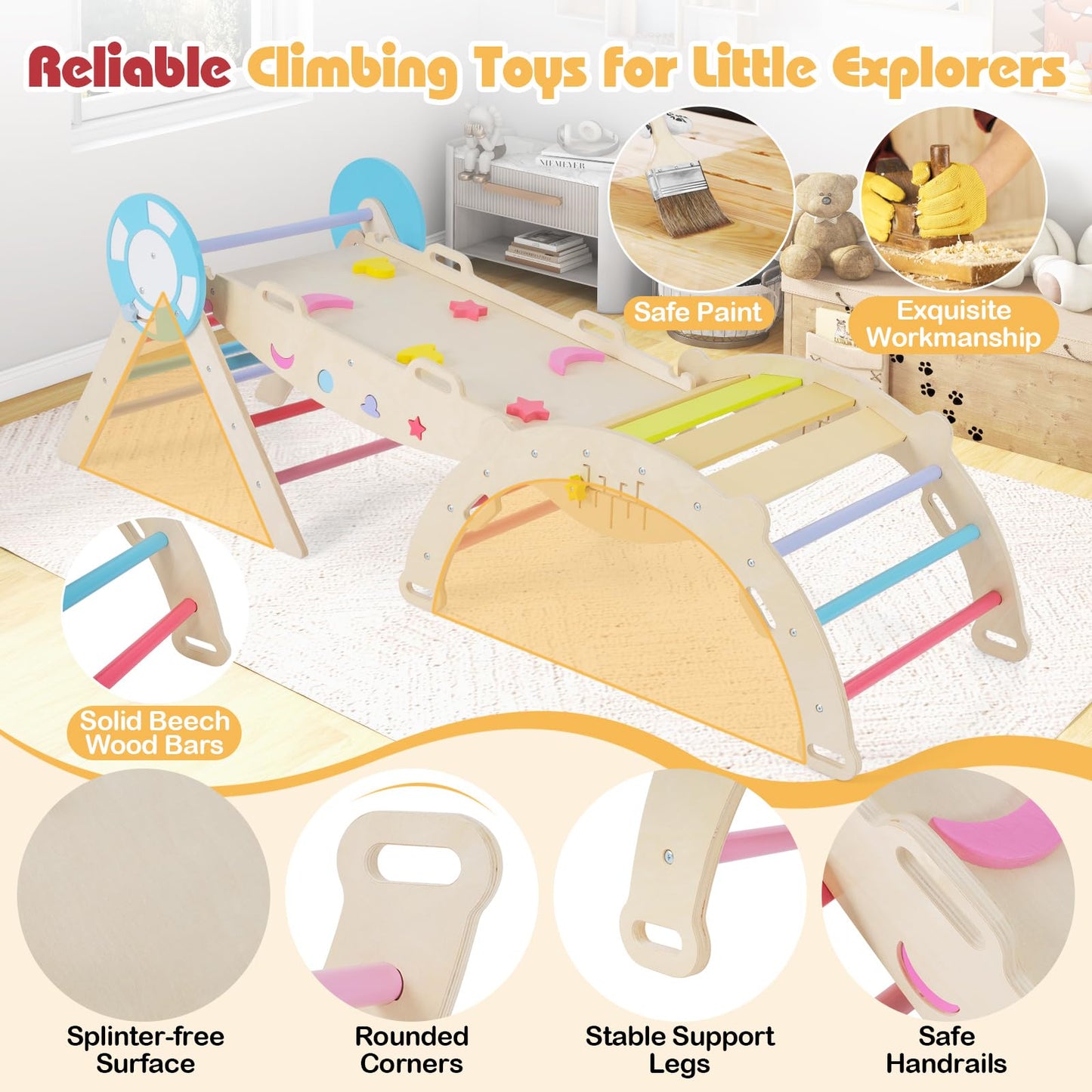 7 in 1 Kids Climbing Frame, Wooden Toddler Climbing Set with Reversible Ramp