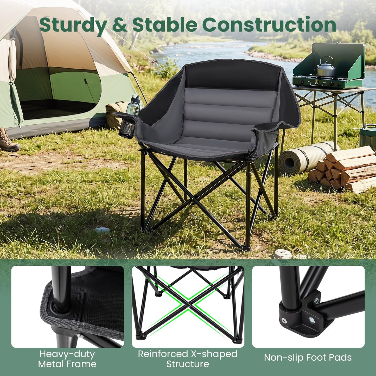 Oversized Folding Camping Chair, Padded Oxford Chair with Cup Holder, Side Pocket & Carry Bag