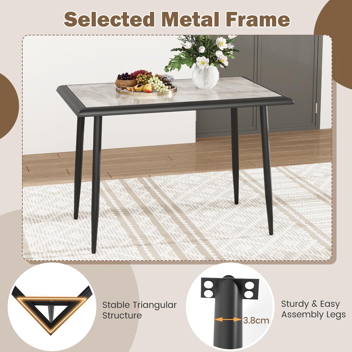 Giantex Dining Table 110 x 70cm Sintered Stone Rectangular Kitchen Tables with Faux Marble Tabletop