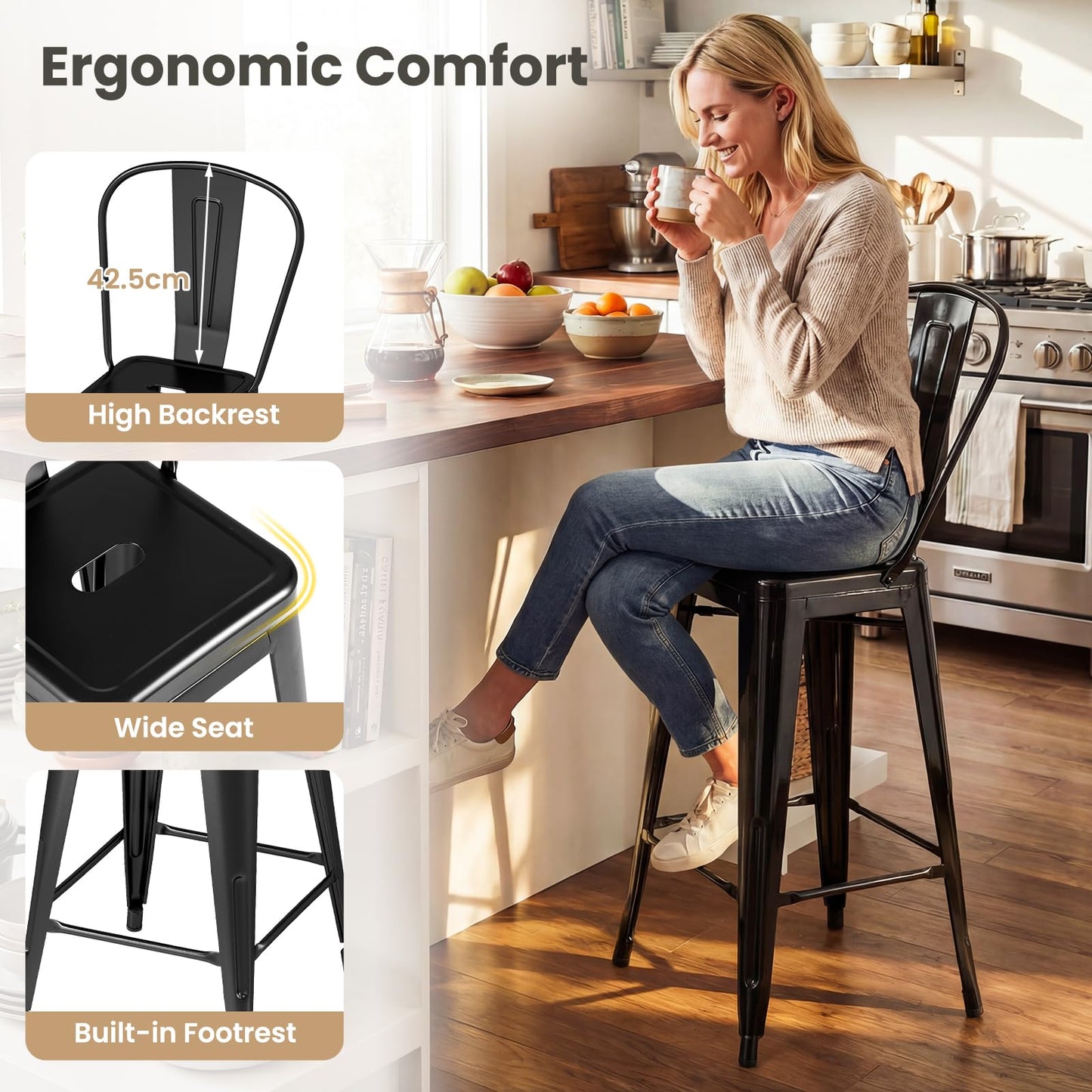 62 cm Metal Bar Stools Set of 4 with Backrests and Footrests
