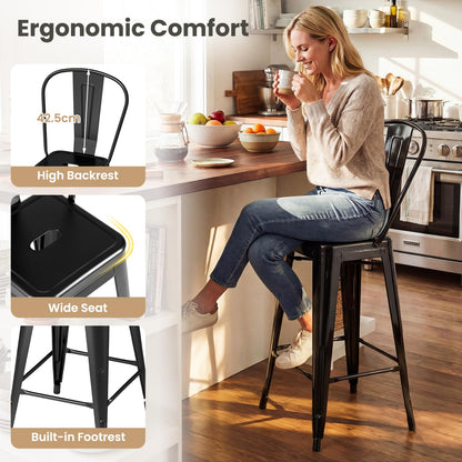 62 cm Metal Bar Stools Set of 4 with Backrests and Footrests