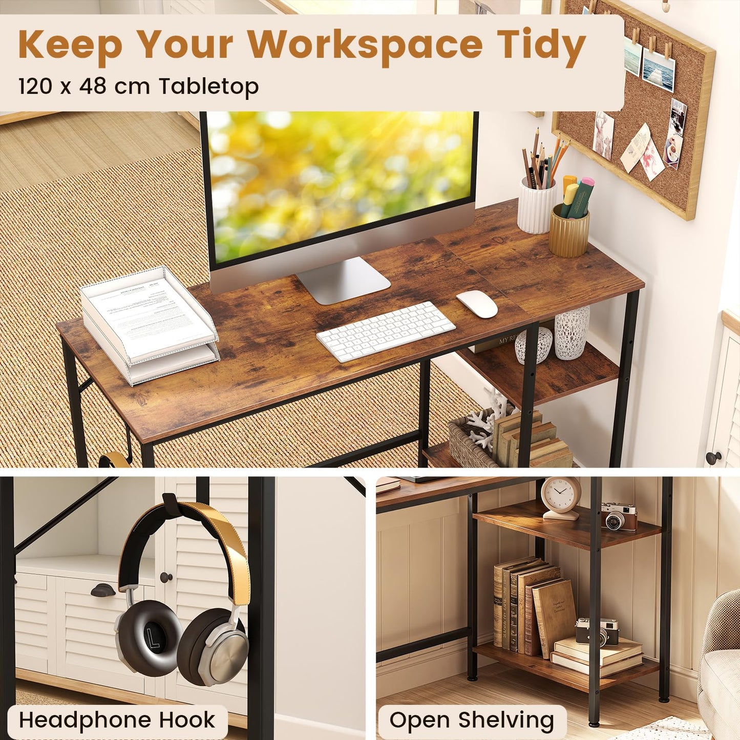 120 cm Reversible Home Office Desk with Headphone Hook and Shelves