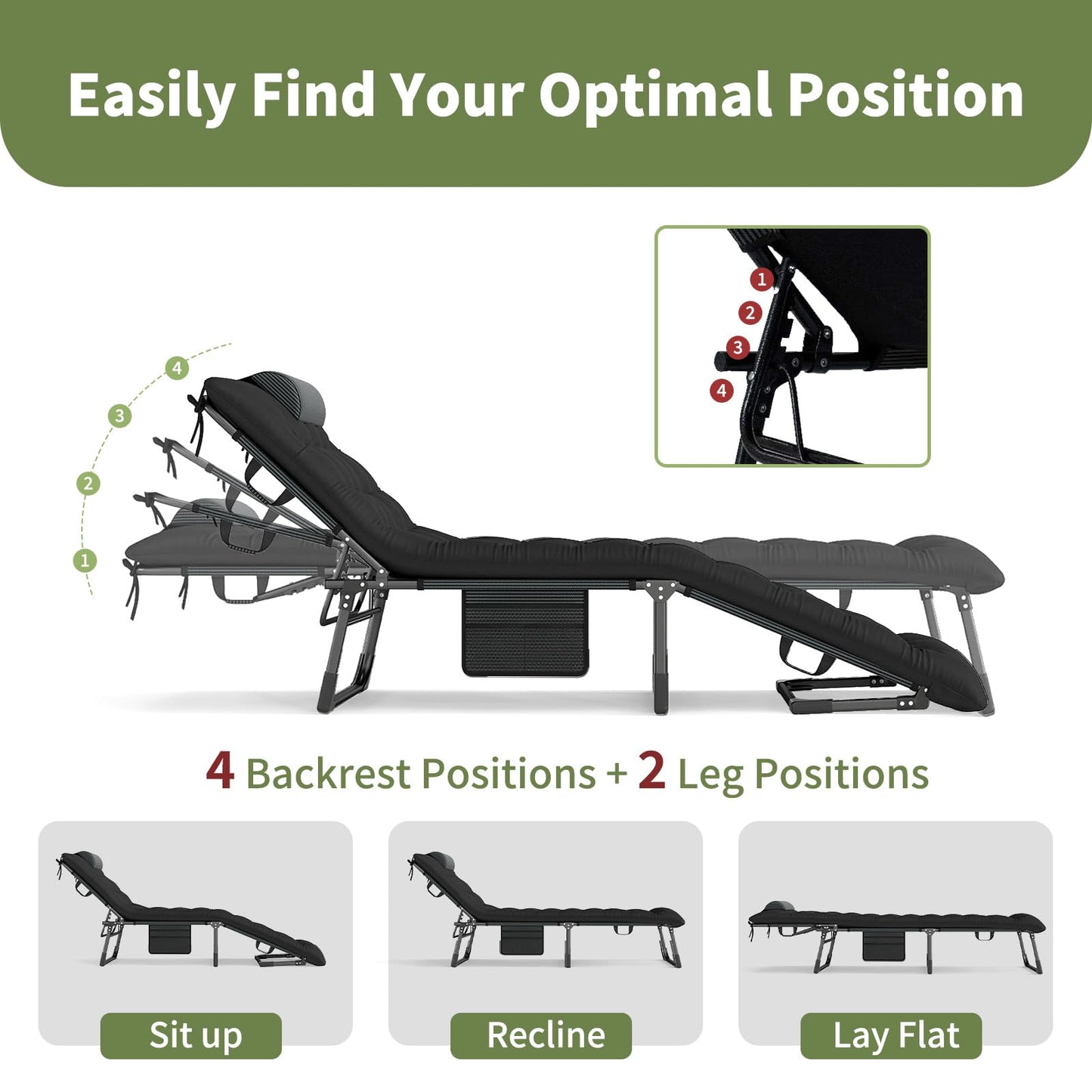 Folding Sun Lounger, 4-Level Adjustable Garden Reclining Chaise Lounge Chair Sunbed