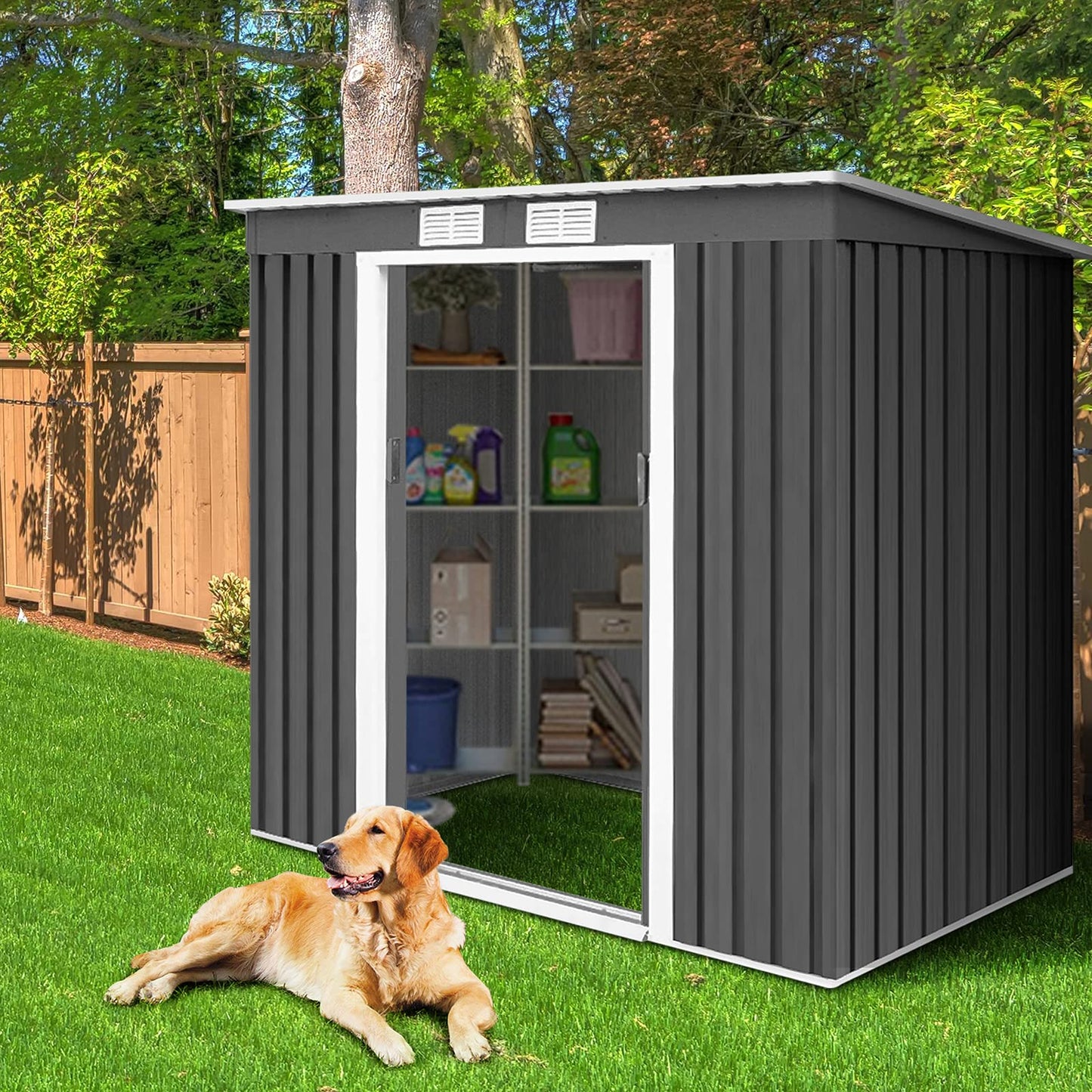 GiantexUK 7x4FT Metal Garden Shed, Outdoor Galvanized Storage House (7x4FT, 2 Vents)