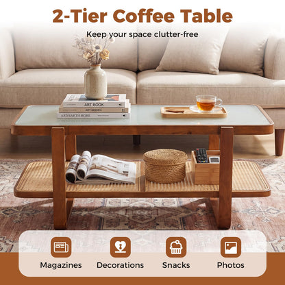 2-Tier Rattan Coffee Table, Frosted Tempered Glass Center Table