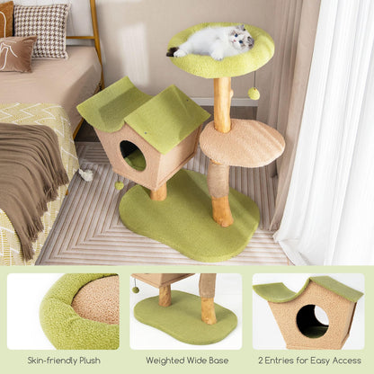 Cute Cat Activity Center with Padded Top Perch and Dangling Bell Balls for Indoor Cats