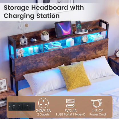 King Size Bed Frame with LED Lights and Charging Station