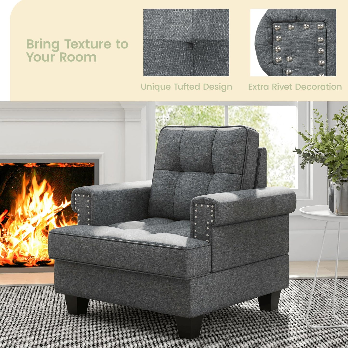 Mid-century Modern Accent Armchair Tufted Linen Club Chair with Extra Pillow